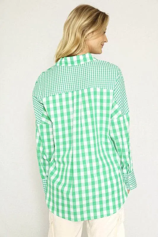 Miss Sparkling Elegant Plaid Button Up Long Sleeves V-Neck Blouse