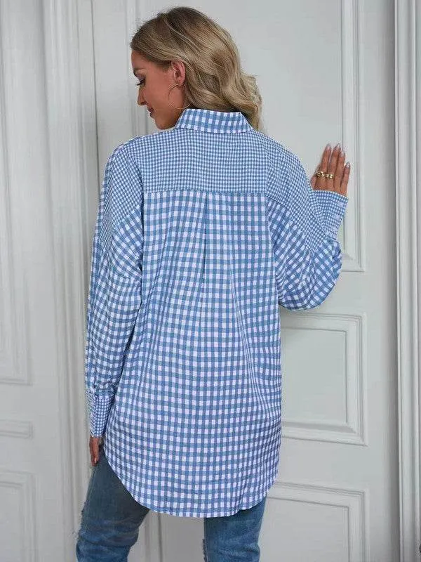Miss Sparkling Elegant Plaid Button Up Long Sleeves V-Neck Blouse