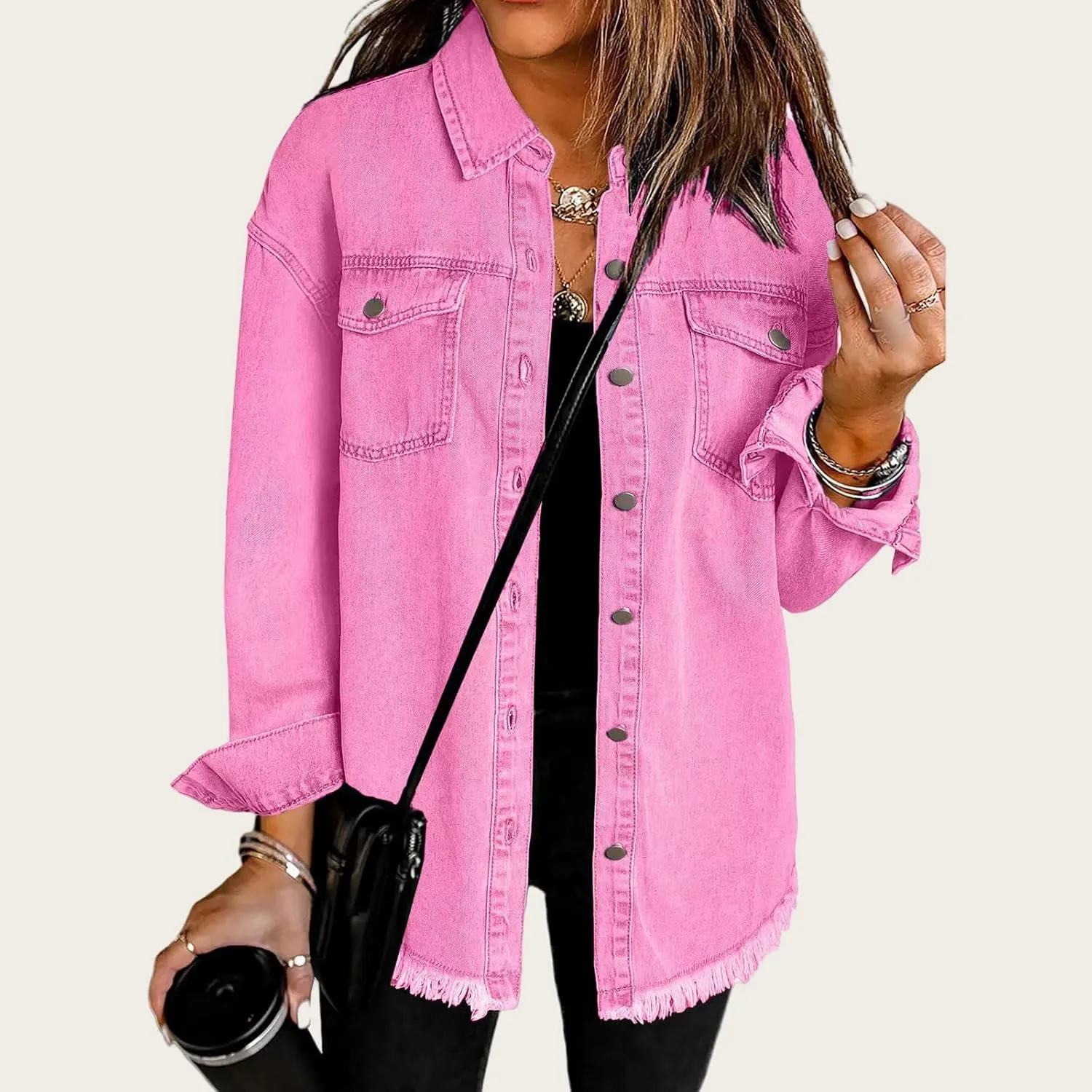 Mmoneyake Oversized Jean Jacket for Women Button Down Long Sleeve Shirt Shacket Boyfriend Denim Jacket Coats with Frayed Hem