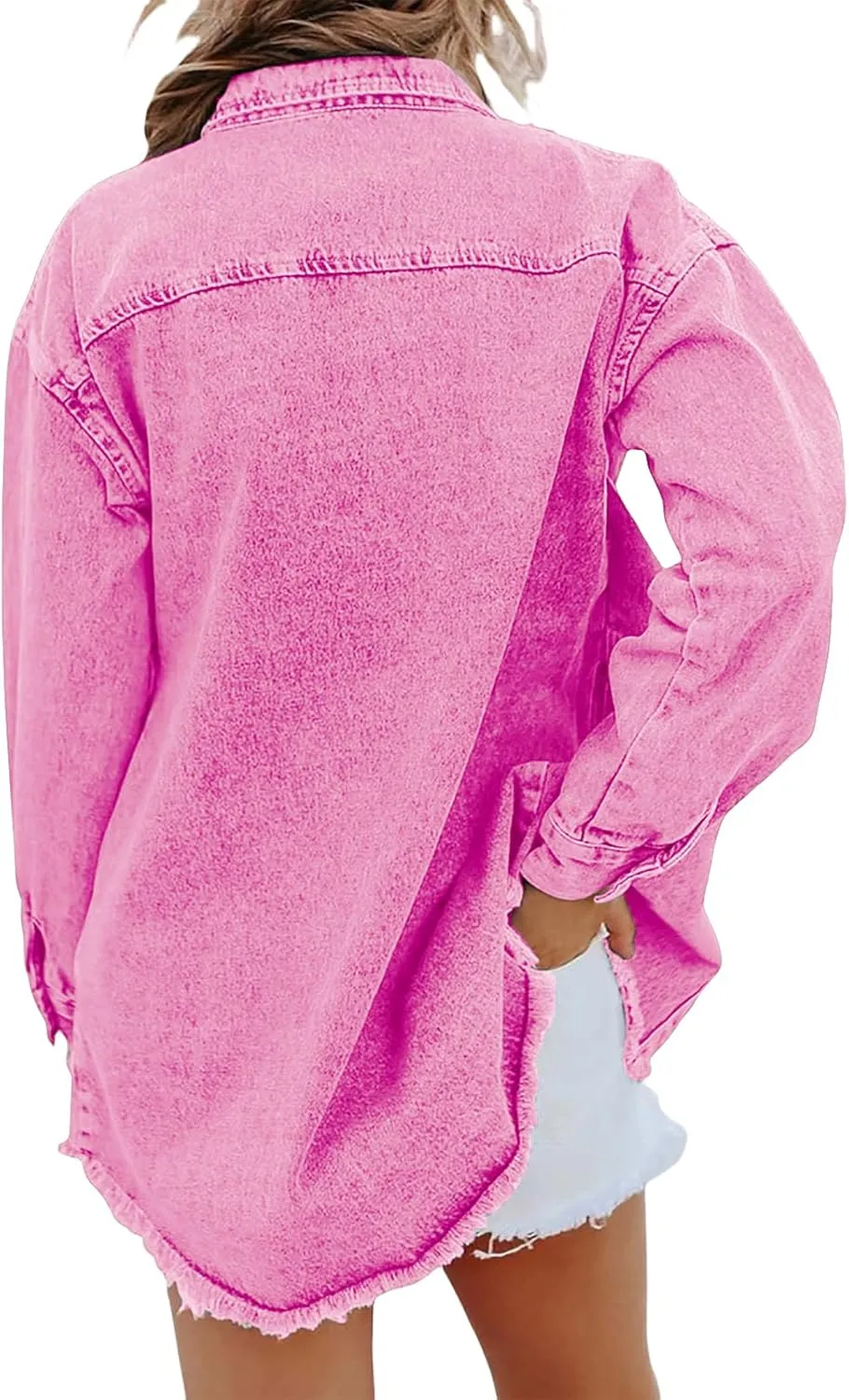 Mmoneyake Oversized Jean Jacket for Women Button Down Long Sleeve Shirt Shacket Boyfriend Denim Jacket Coats with Frayed Hem