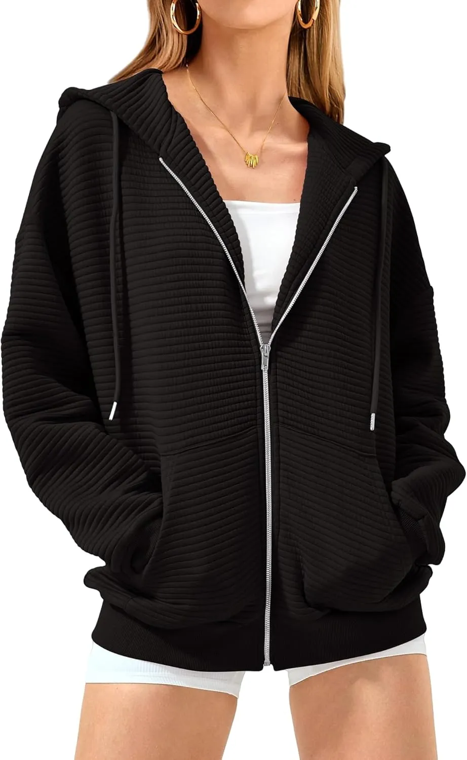 Mmoneyake Zip Up Hoodie Women Long Sleeve Sweatshirts 2024 Oversized Waffle Knit Hoodies Casual Fashion Jackets Fall Outfits
