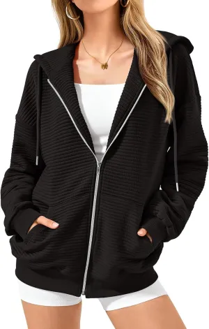 Mmoneyake Zip Up Hoodie Women Long Sleeve Sweatshirts 2024 Oversized Waffle Knit Hoodies Casual Fashion Jackets Fall Outfits