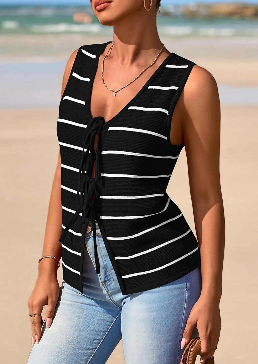 NALANISA Women's 2025 Summer Trendy Tank Tops Crochet Knit V Neck Sleeveless Tie Front Striped Sweater Vests Beach Outfits