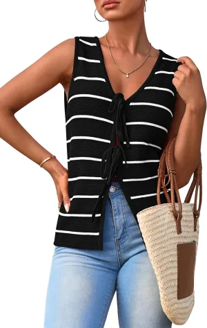 NALANISA Women's 2025 Summer Trendy Tank Tops Crochet Knit V Neck Sleeveless Tie Front Striped Sweater Vests Beach Outfits