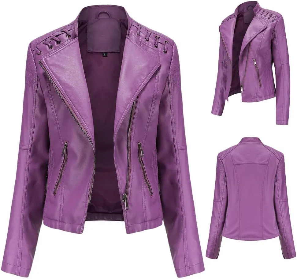 NATHGAM Womens Leather Jacket Long Sleeve Cropped Tops with Zipper Pockets Lightweight Vegan Lapel Biker Jacket Outerwear