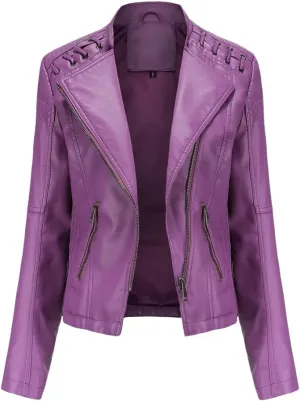 NATHGAM Womens Leather Jacket Long Sleeve Cropped Tops with Zipper Pockets Lightweight Vegan Lapel Biker Jacket Outerwear