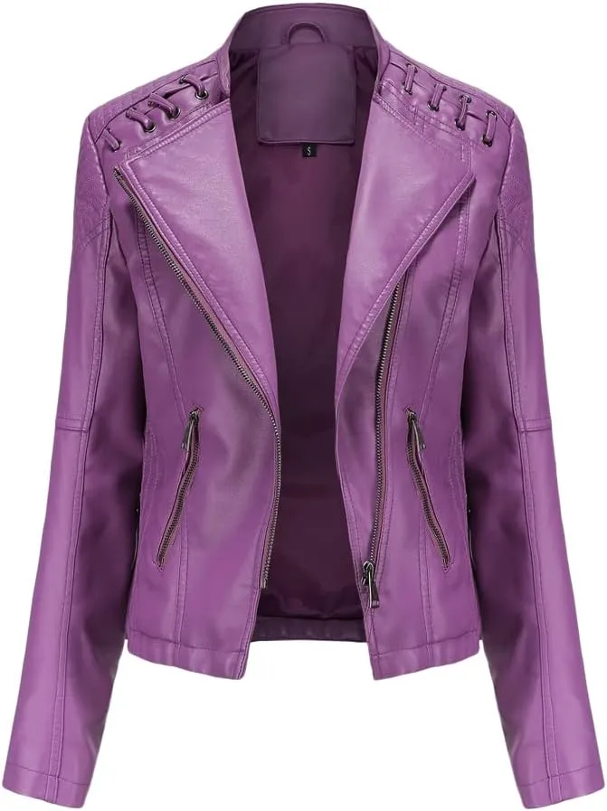 NATHGAM Womens Leather Jacket Long Sleeve Cropped Tops with Zipper Pockets Lightweight Vegan Lapel Biker Jacket Outerwear