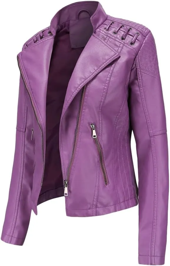 NATHGAM Womens Leather Jacket Long Sleeve Cropped Tops with Zipper Pockets Lightweight Vegan Lapel Biker Jacket Outerwear