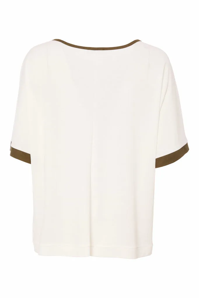 Naya Round neck top with pleated curve hem and contrast binding and cuff