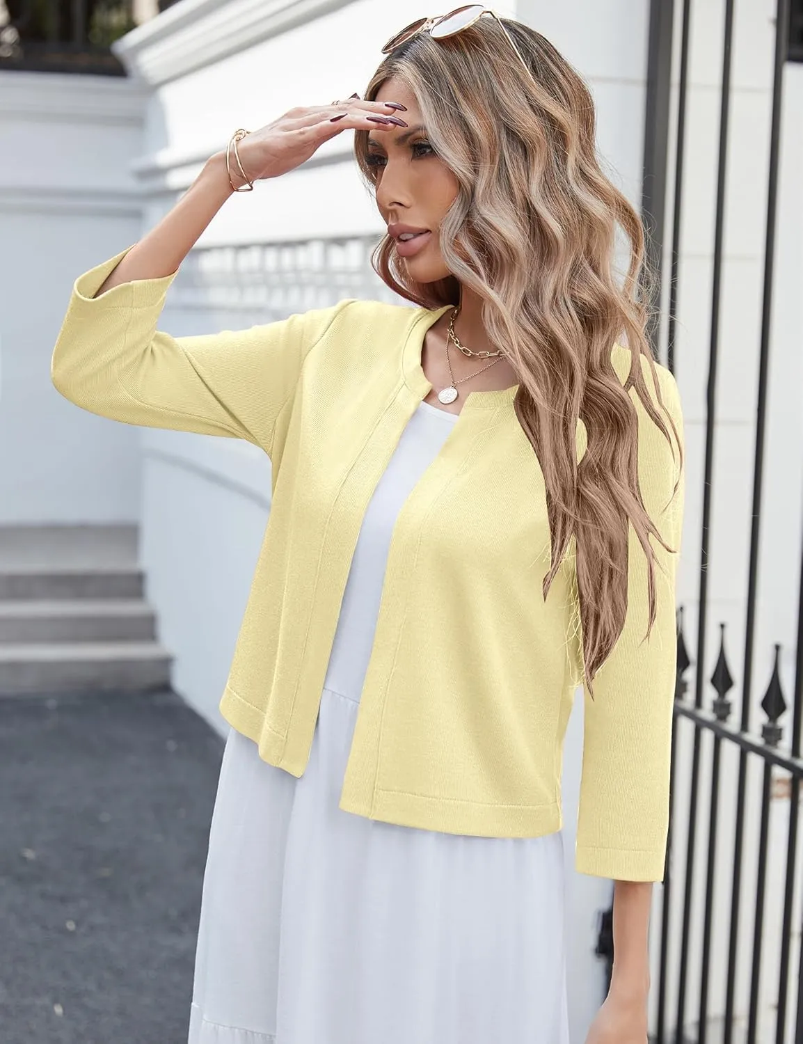 Newchoice Women's Open Front Cropped Cardigan Sweaters Bolero Shrugs for Dresses 3/4 Sleeve Casual Lightweight Cardigans