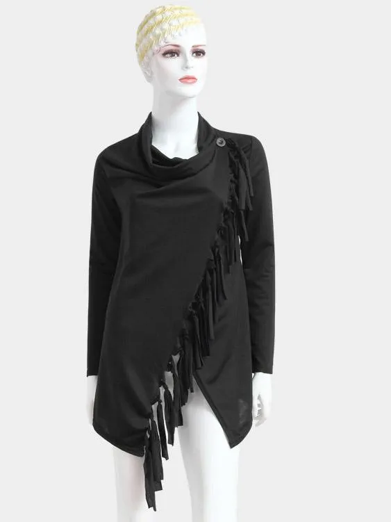 OEM ODM Tassel Long Sleeve Irregular Hem Black T-Shirts