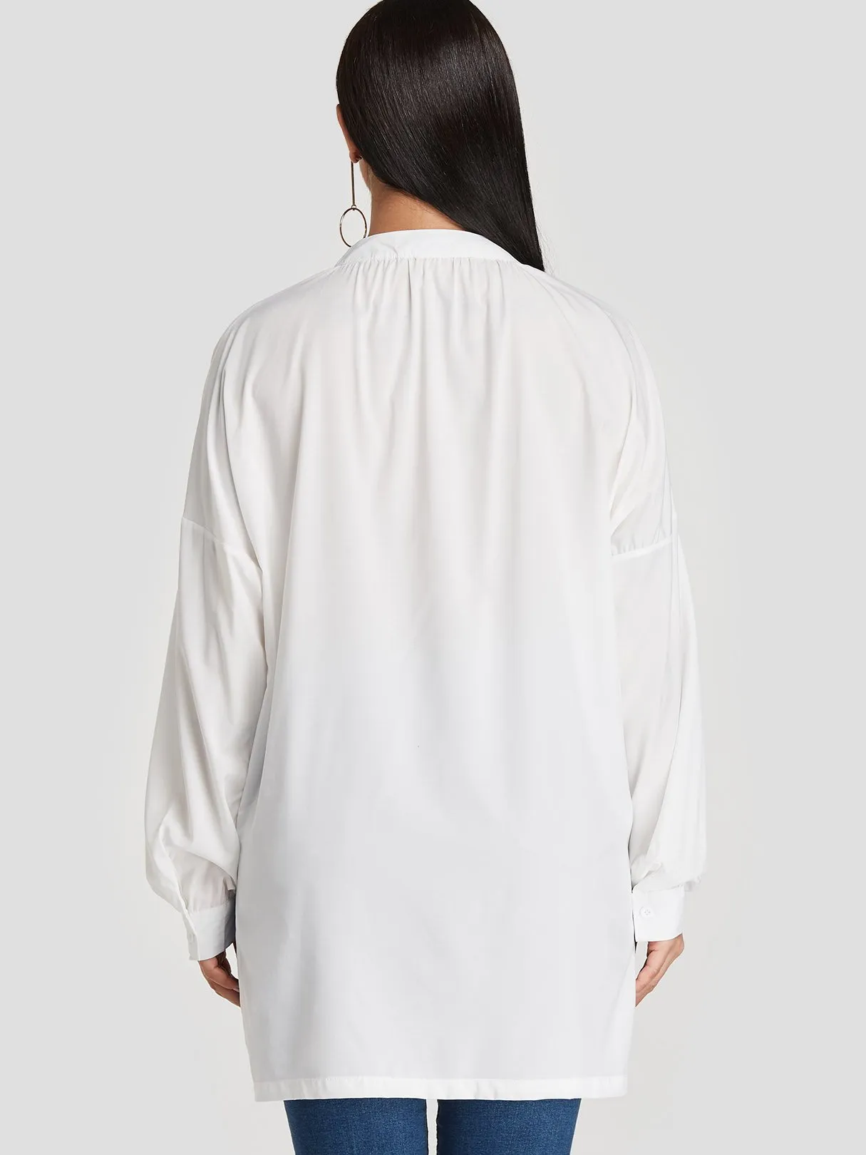 OEM ODM V-Neck Slit Long Sleeve High-Low Hem White T-Shirts