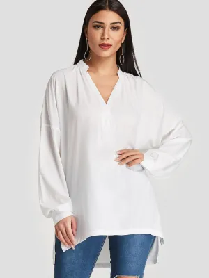 OEM ODM V-Neck Slit Long Sleeve High-Low Hem White T-Shirts