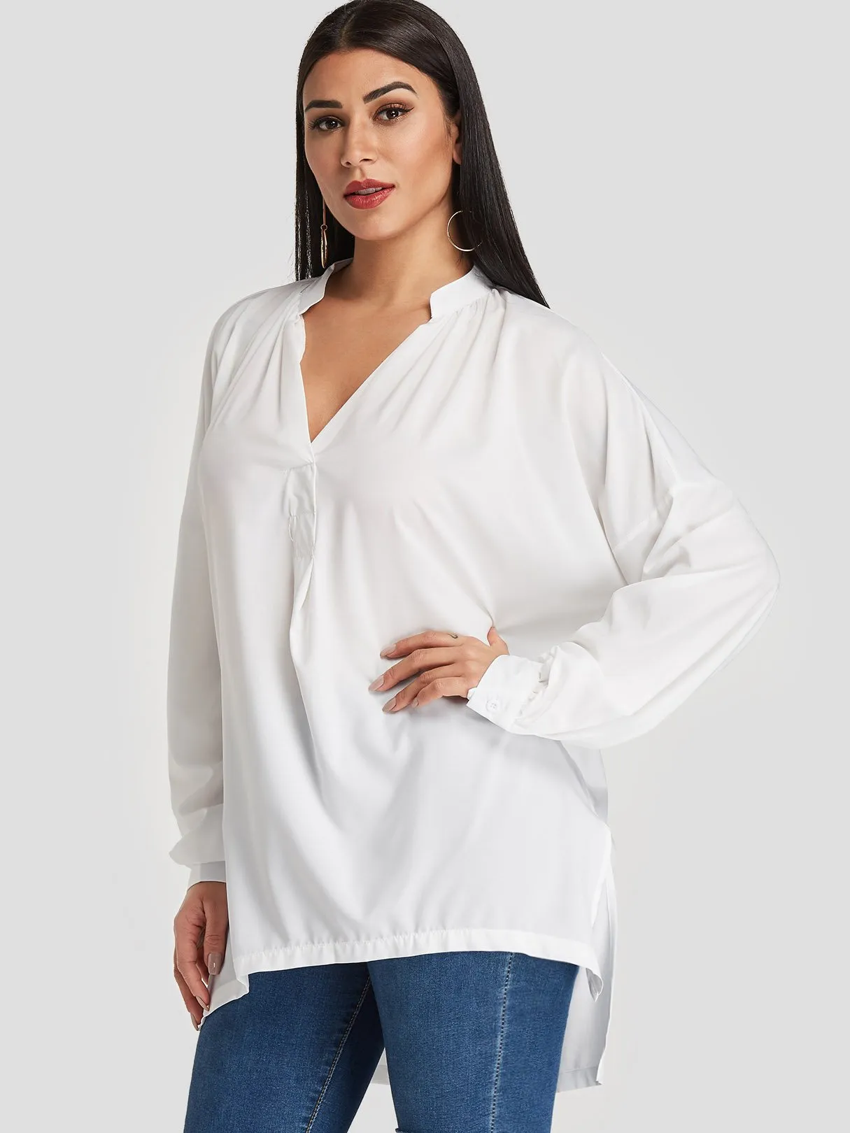 OEM ODM V-Neck Slit Long Sleeve High-Low Hem White T-Shirts