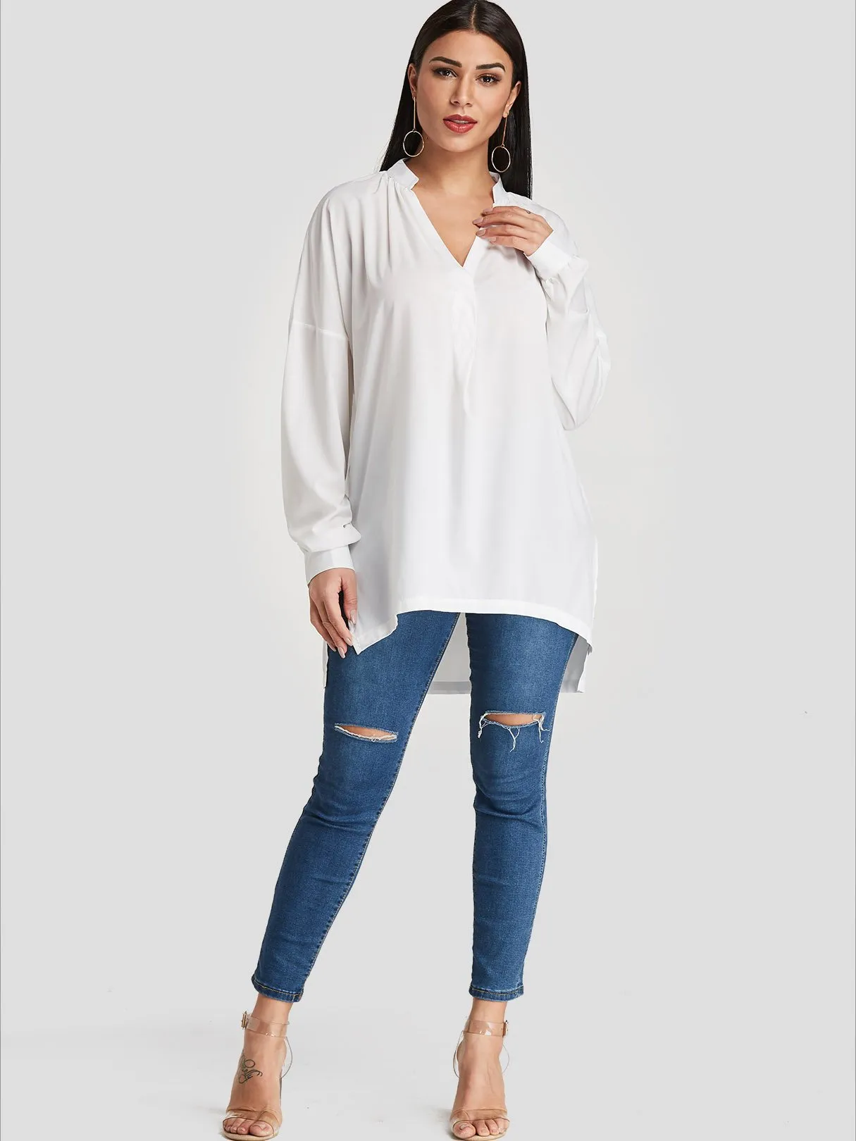 OEM ODM V-Neck Slit Long Sleeve High-Low Hem White T-Shirts