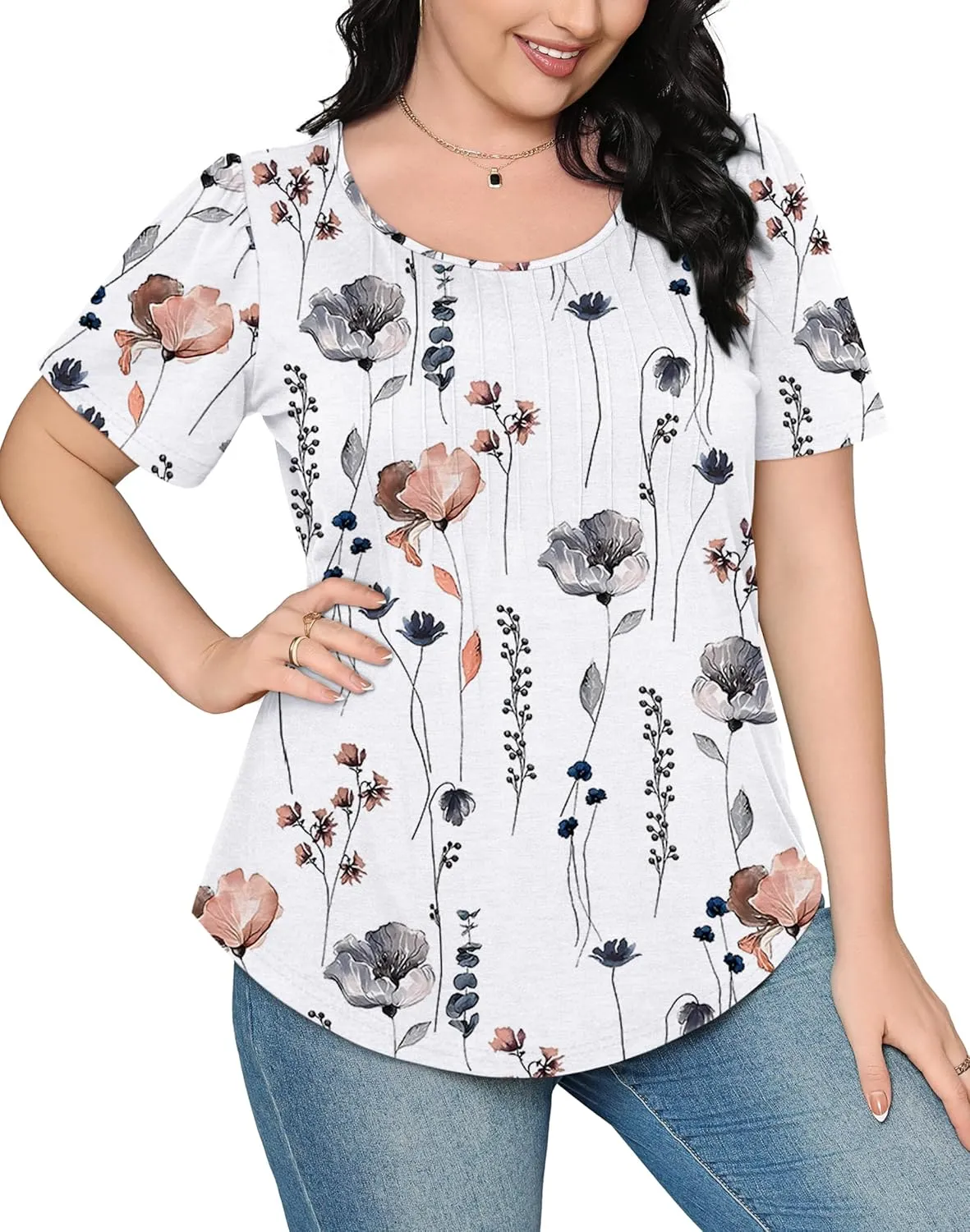 OFEEFAN Womens T Shirts Short Sleeve Pleated Dressy Casual Scooped Neck Summer Tops Blouses