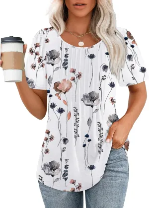 OFEEFAN Womens T Shirts Short Sleeve Pleated Dressy Casual Scooped Neck Summer Tops Blouses