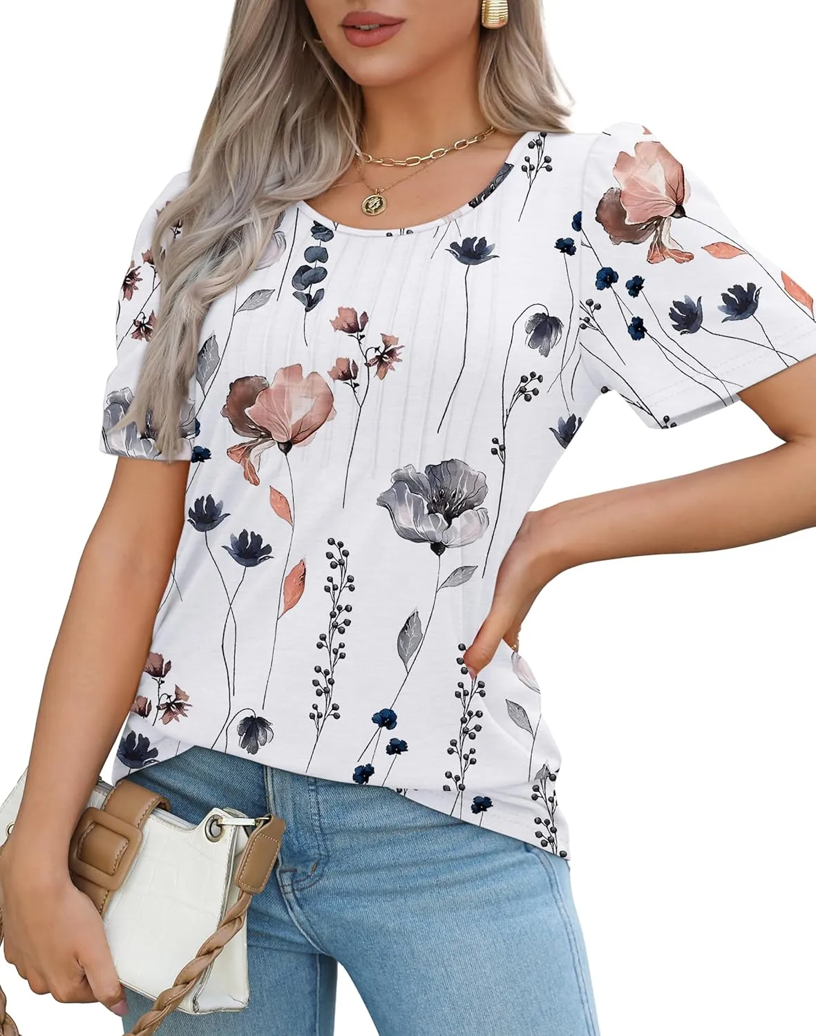 OFEEFAN Womens T Shirts Short Sleeve Pleated Dressy Casual Scooped Neck Summer Tops Blouses