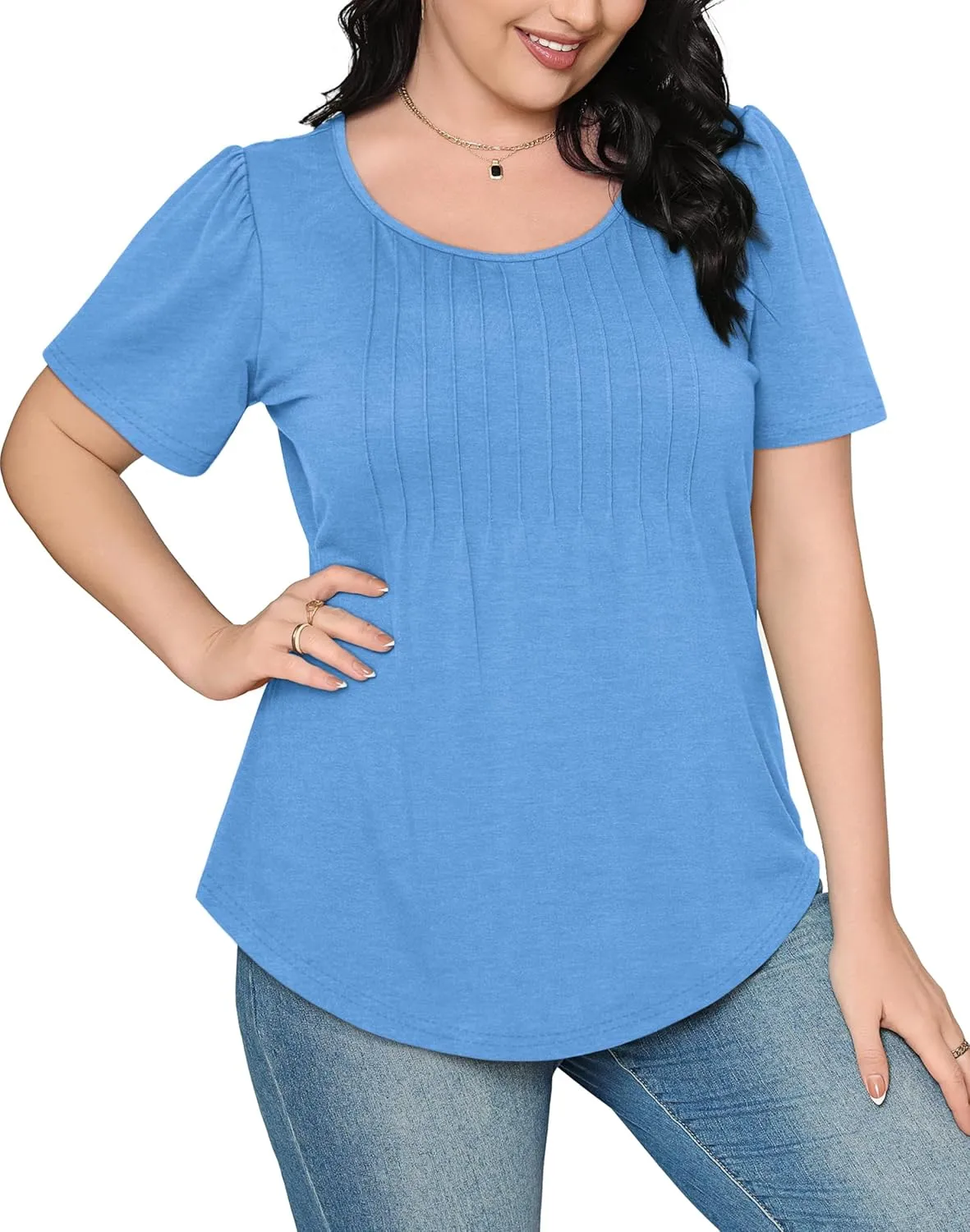OFEEFAN Womens T Shirts Short Sleeve Pleated Dressy Casual Scooped Neck Summer Tops Blouses