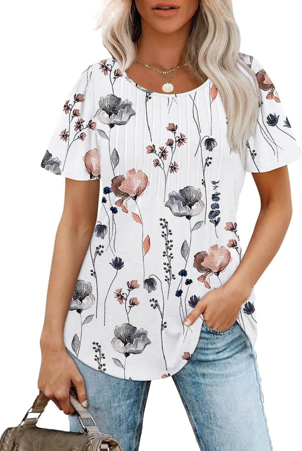 OFEEFAN Womens T Shirts Short Sleeve Pleated Dressy Casual Scooped Neck Summer Tops Blouses