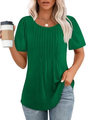 OFEEFAN Womens T Shirts Short Sleeve Pleated Dressy Casual Scooped Neck Summer Tops Blouses