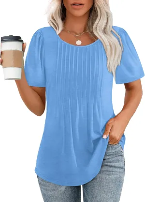 OFEEFAN Womens T Shirts Short Sleeve Pleated Dressy Casual Scooped Neck Summer Tops Blouses