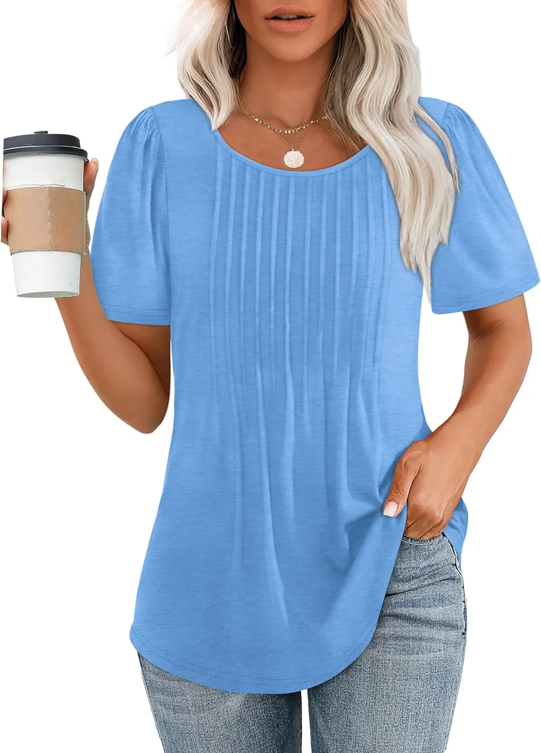 OFEEFAN Womens T Shirts Short Sleeve Pleated Dressy Casual Scooped Neck Summer Tops Blouses