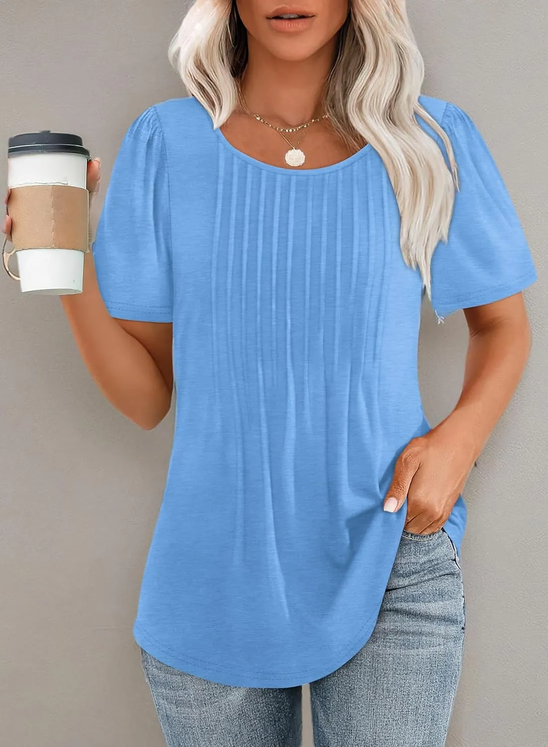 OFEEFAN Womens T Shirts Short Sleeve Pleated Dressy Casual Scooped Neck Summer Tops Blouses