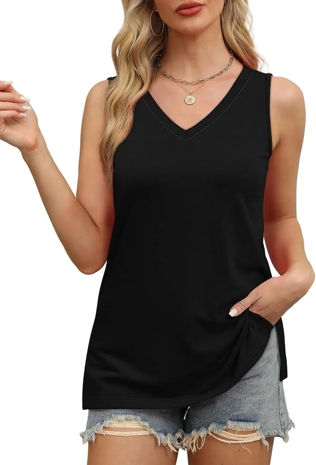 OFEEFAN Womens Tank Tops V Neck Loose Fit Basic Casual Summer Tops Side Split Sleeveless Shirts