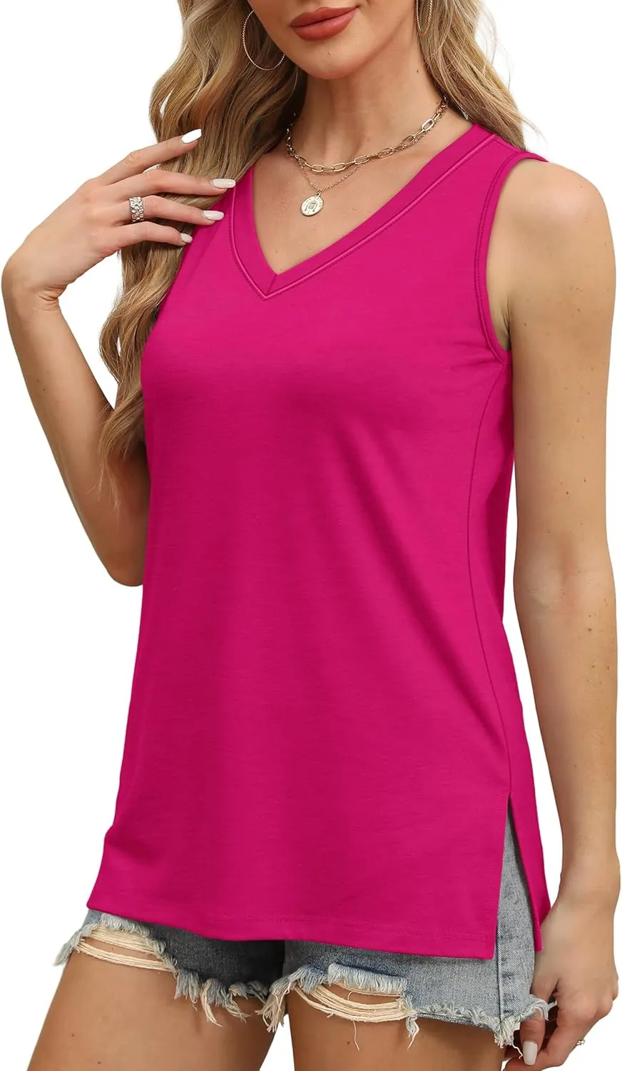OFEEFAN Womens Tank Tops V Neck Loose Fit Basic Casual Summer Tops Side Split Sleeveless Shirts