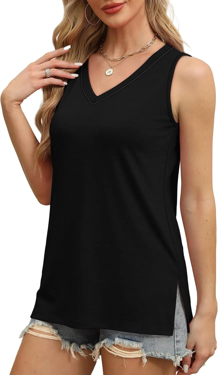 OFEEFAN Womens Tank Tops V Neck Loose Fit Basic Casual Summer Tops Side Split Sleeveless Shirts