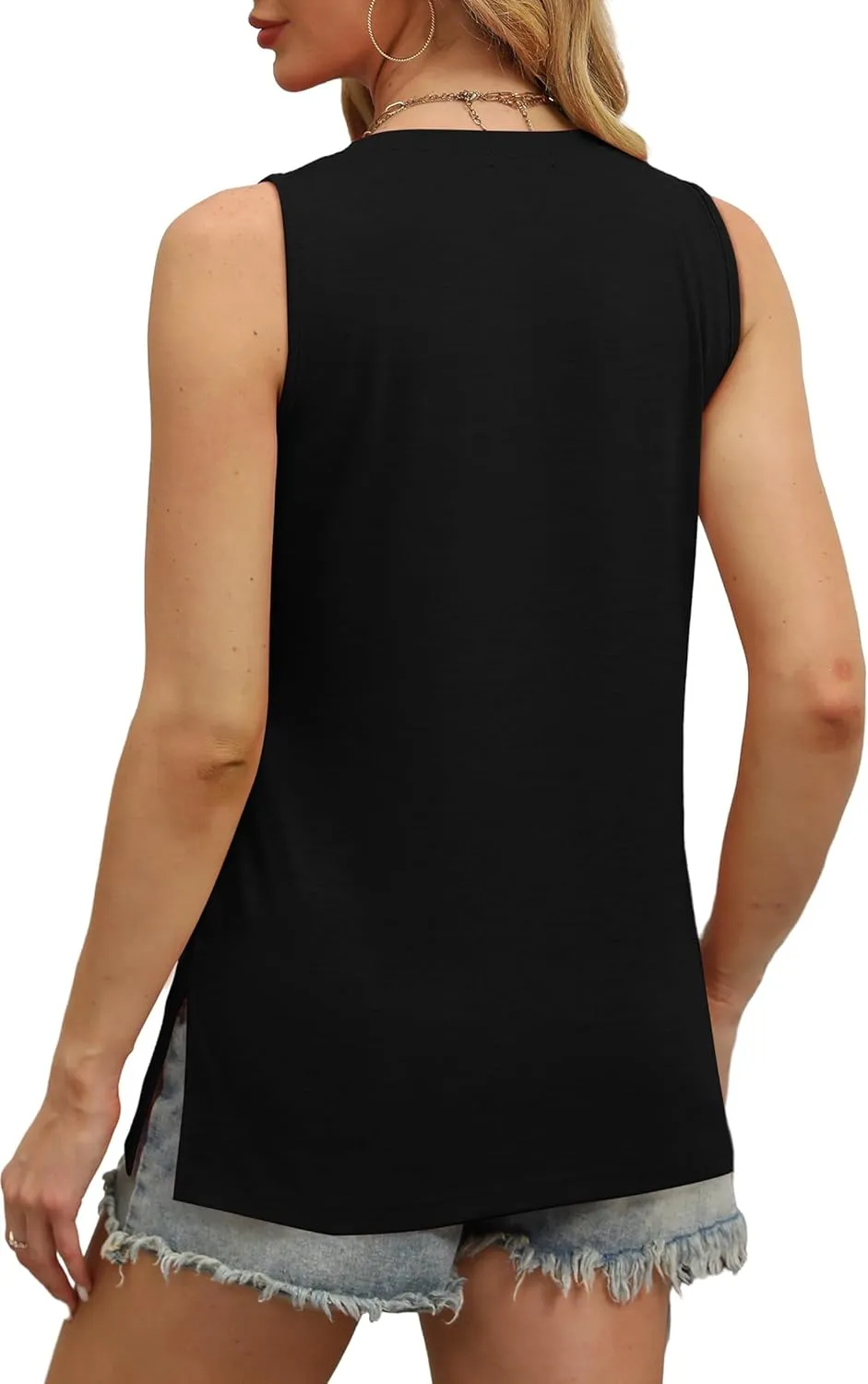 OFEEFAN Womens Tank Tops V Neck Loose Fit Basic Casual Summer Tops Side Split Sleeveless Shirts