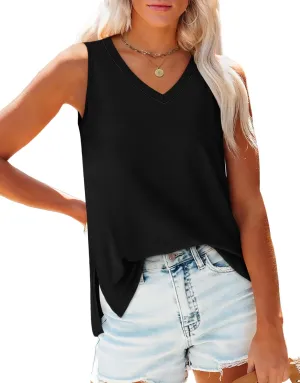 OFEEFAN Womens Tank Tops V Neck Loose Fit Basic Casual Summer Tops Side Split Sleeveless Shirts