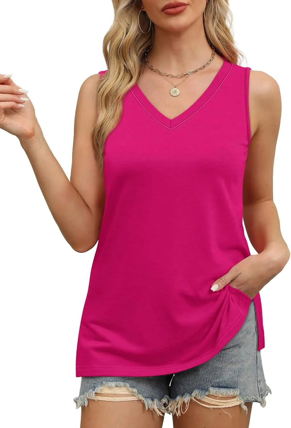OFEEFAN Womens Tank Tops V Neck Loose Fit Basic Casual Summer Tops Side Split Sleeveless Shirts