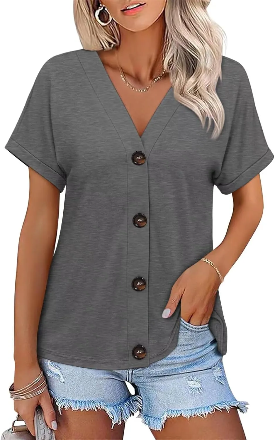 ORANDESIGNE Women's Short Sleeve V Neck Tops Casual Button Down Summer T Shirts Basic Ladies Tees