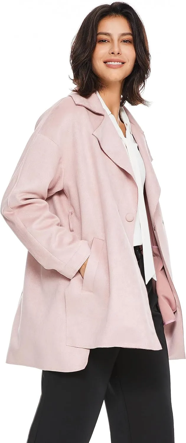 Orolay Short Trench Coats for Women Faux Suede Leather Trench Coat Double Breasted Belted Mid Long Outwear