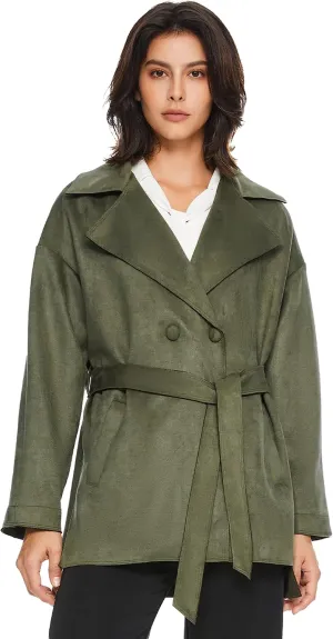 Orolay Short Trench Coats for Women Faux Suede Leather Trench Coat Double Breasted Belted Mid Long Outwear