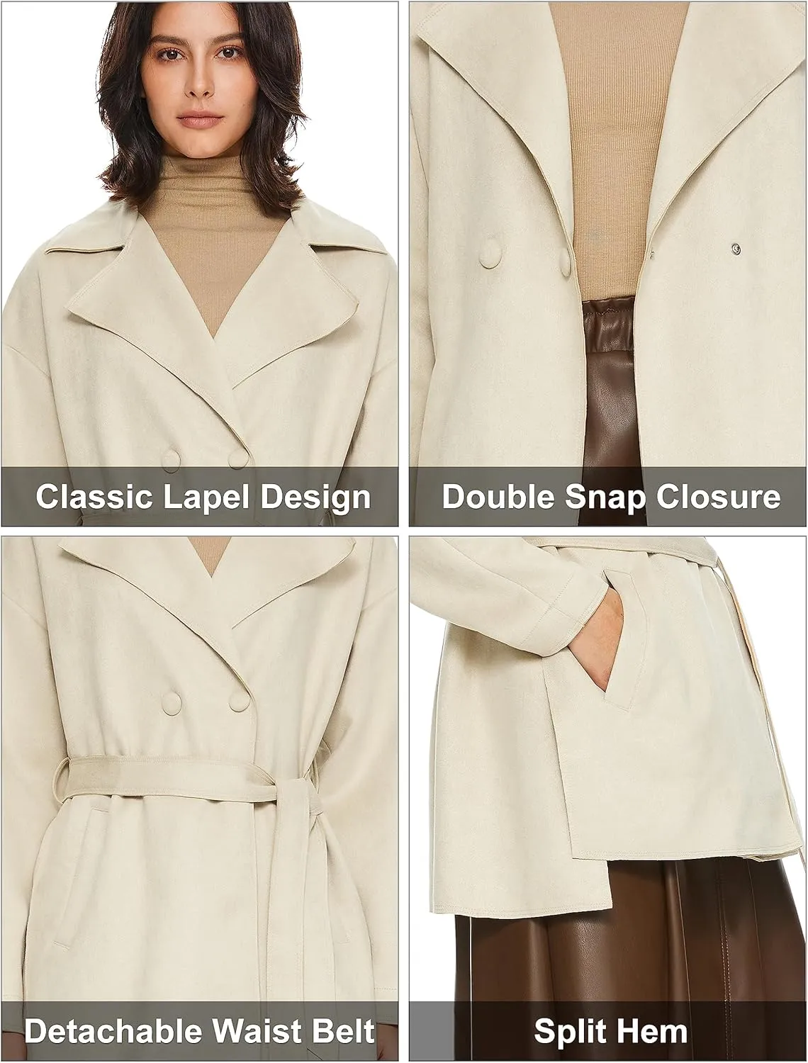 Orolay Short Trench Coats for Women Faux Suede Leather Trench Coat Double Breasted Belted Mid Long Outwear