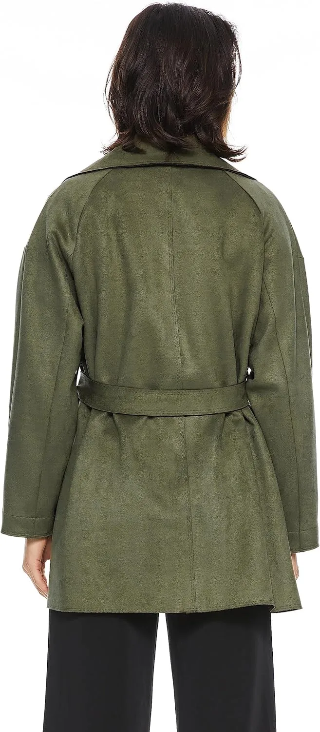 Orolay Short Trench Coats for Women Faux Suede Leather Trench Coat Double Breasted Belted Mid Long Outwear