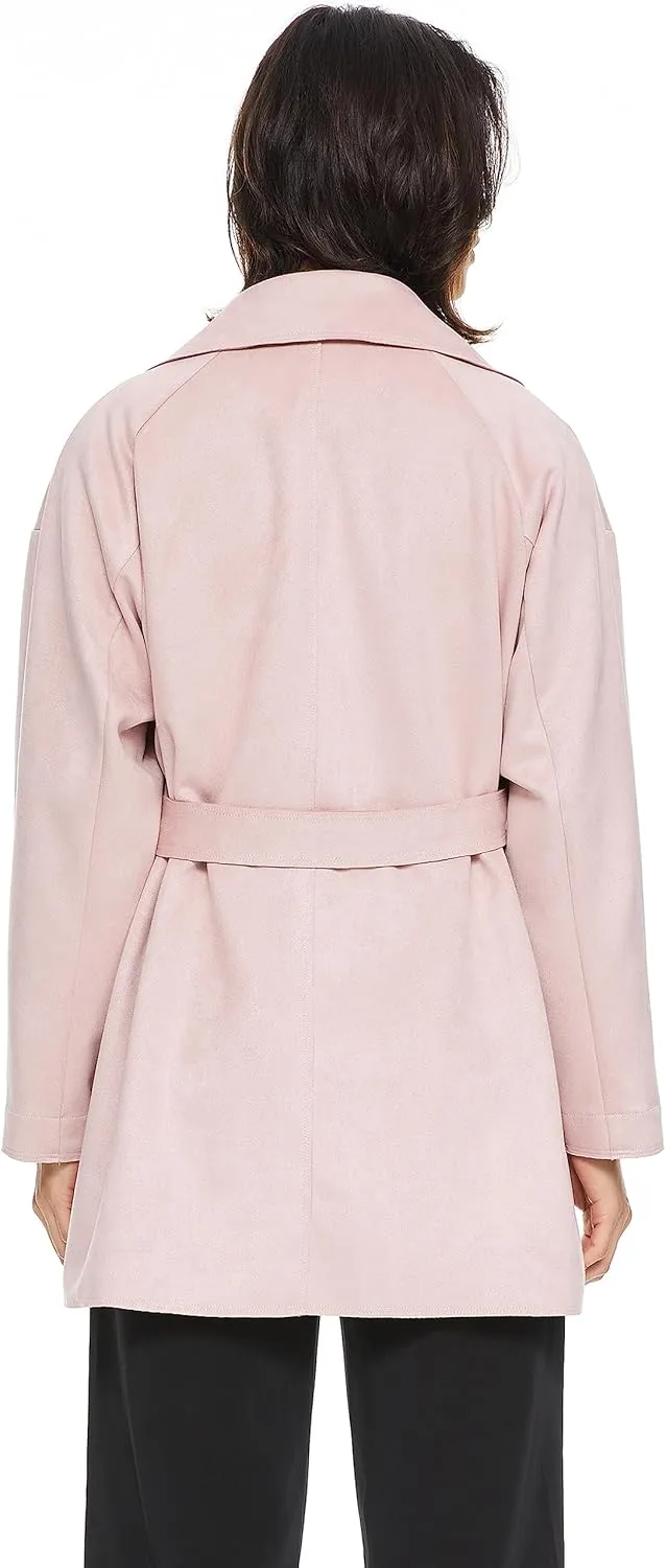 Orolay Short Trench Coats for Women Faux Suede Leather Trench Coat Double Breasted Belted Mid Long Outwear