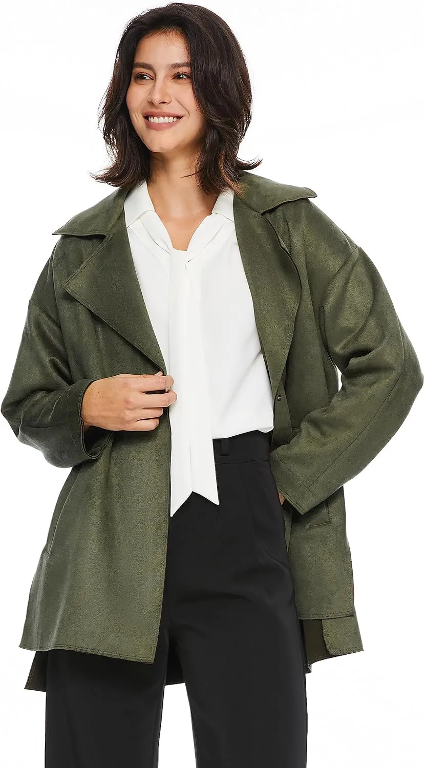 Orolay Short Trench Coats for Women Faux Suede Leather Trench Coat Double Breasted Belted Mid Long Outwear