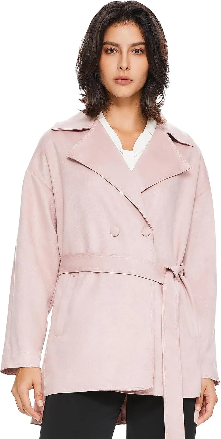 Orolay Short Trench Coats for Women Faux Suede Leather Trench Coat Double Breasted Belted Mid Long Outwear