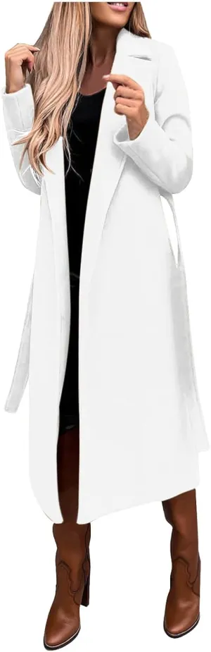 Outer Wears Women's Faux Wool Coat Blouse Thin Coats Trench Long Jacket Ladies Slim Long Belt Elegant Overcoat