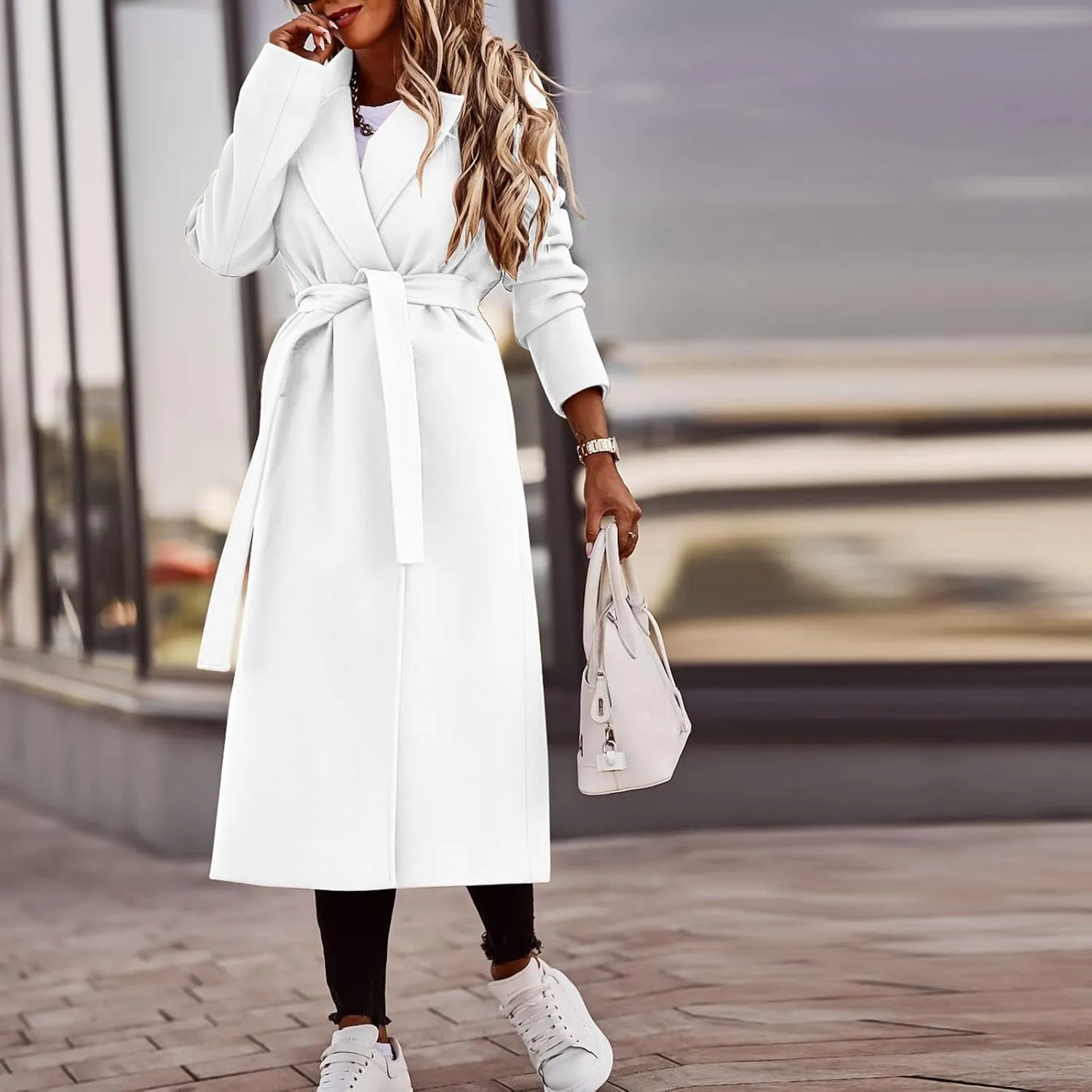 Outer Wears Women's Faux Wool Coat Blouse Thin Coats Trench Long Jacket Ladies Slim Long Belt Elegant Overcoat