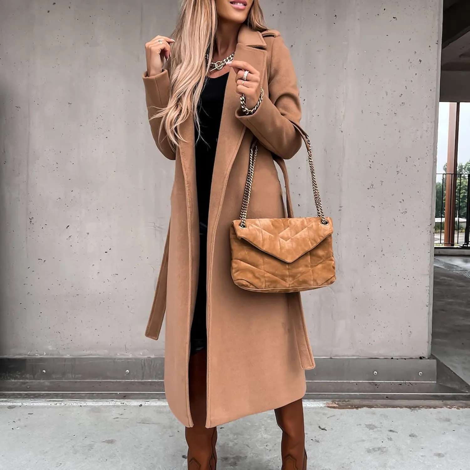 Outer Wears Women's Faux Wool Coat Blouse Thin Coats Trench Long Jacket Ladies Slim Long Belt Elegant Overcoat