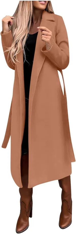 Outer Wears Women's Faux Wool Coat Blouse Thin Coats Trench Long Jacket Ladies Slim Long Belt Elegant Overcoat