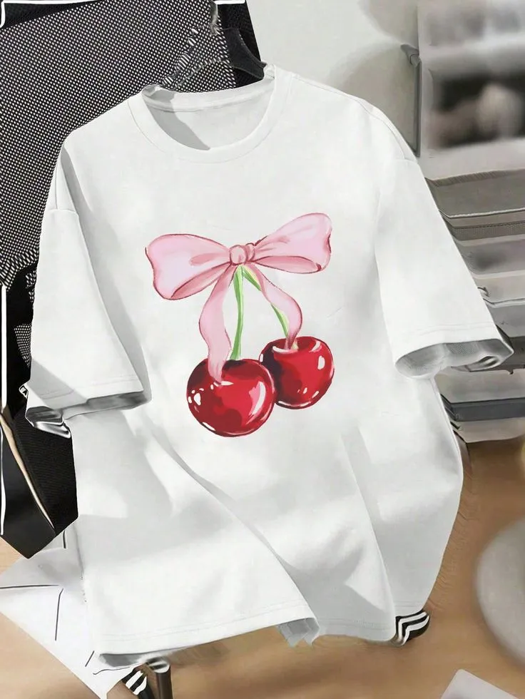 Oversize Casual Minimalist Cherry Graphic Round Neck Short Sleeve Loose T-Shirt For Women, Summer