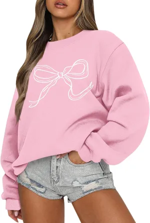Oversized Crewneck Sweatshirt Women Cute Bow Graphic Sweatshirts Long Sleeve Fleece Pullover Bow Sweater Y2k Tops