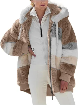 Oversized Fuzzy Fleece Jackets For Women Fashion 2023 Color Block Faux Fur Cardigan Coat Shaggy Warm Winter Outerwear