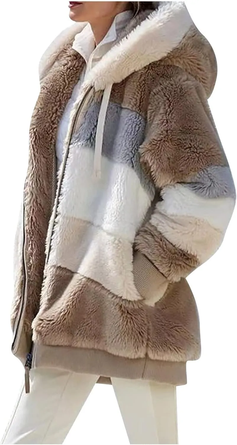 Oversized Fuzzy Fleece Jackets For Women Fashion 2023 Color Block Faux Fur Cardigan Coat Shaggy Warm Winter Outerwear